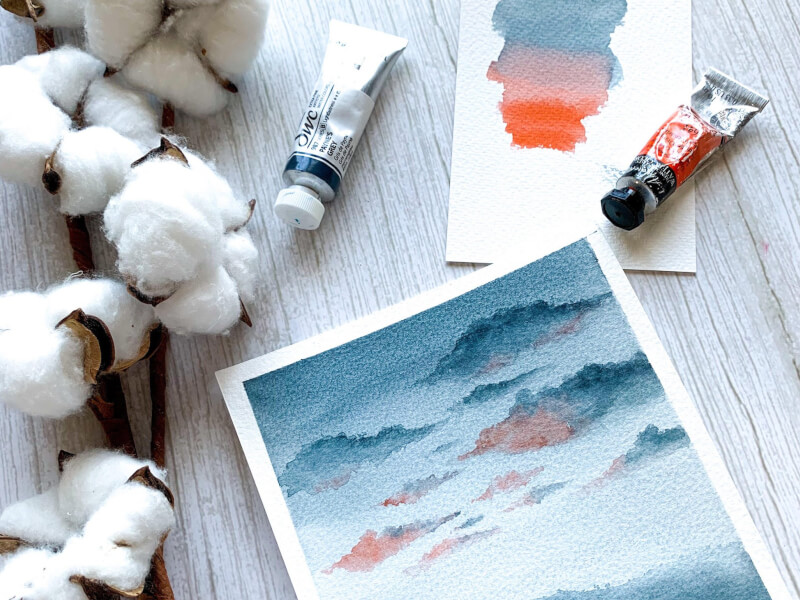 A calming ocean scene painted at an online watercolour painting class.